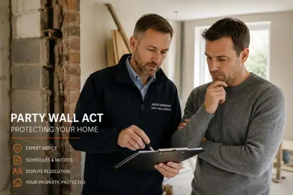 Party wall surveyor Woodley discussing extension plans with homeowner outside a UK semi-detached house.